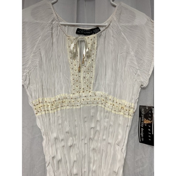 Vtg Separates Ny White Ruched Tie Beaded Blouse Boho Whimsical‎ Small Sheer Y2K - Picture 2 of 8